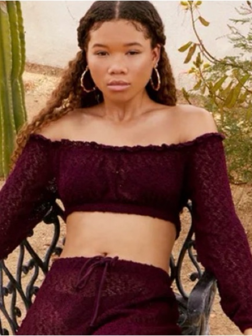PacSun x Storm Reid Burgundy Off-Shoulder Sheer Crop Top NWT